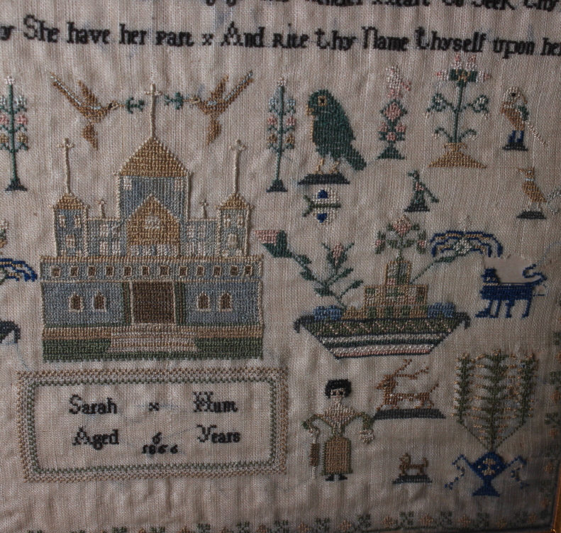 A Victorian sampler, by Sarah Hunt aged 6 1856, with worked alphabet and number border, 12" x 12", - Image 8 of 9