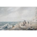 Nicholas Pocock: watercolours, "Under the cliffs near Leaden Spout looking to Folkestone", label