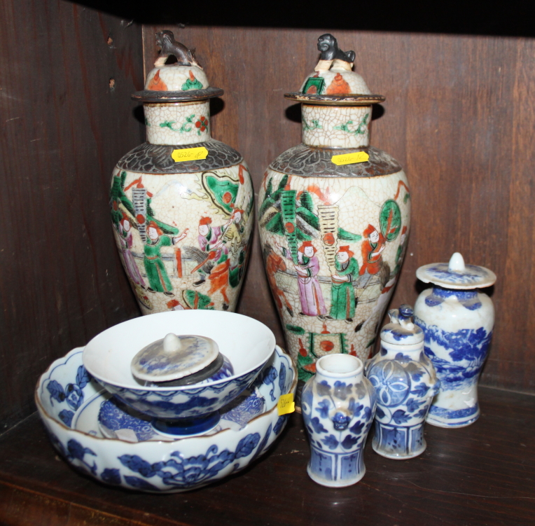 A pair of Canton enamel vases, decorated warriors, 10" high, a Japanese dish, blue and white vases