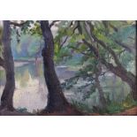 Victor Templin: oil on board, landscape trees by a lake, 13" x 14 1/4", in brown frame