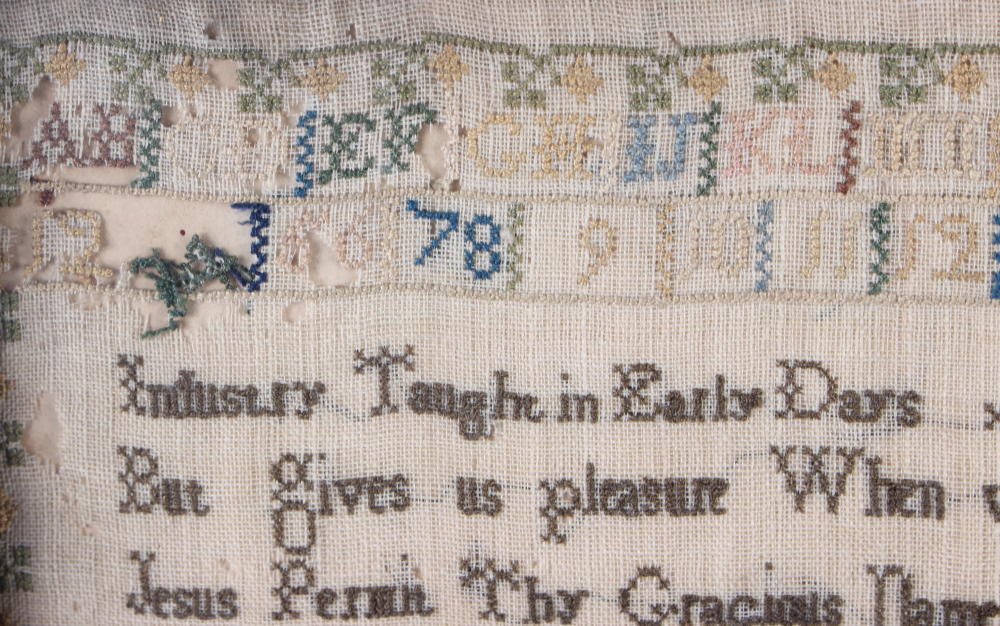 A Victorian sampler, by Sarah Hunt aged 6 1856, with worked alphabet and number border, 12" x 12", - Image 4 of 9