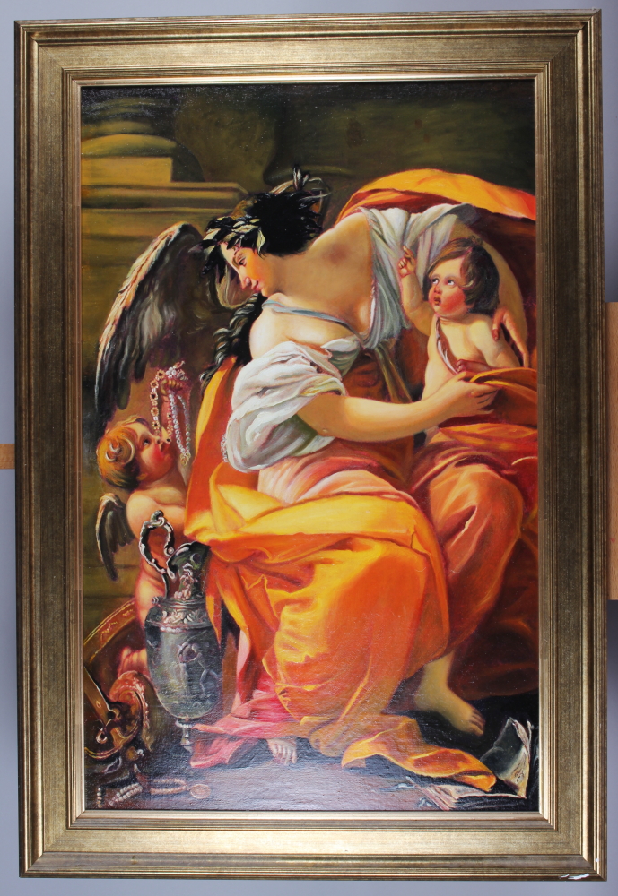 R H, '86: a modern oil, mother comforting a crying child, 23" x 17", in gilt frame, and another - Image 2 of 4