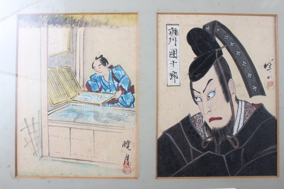 A set of six Japanese watercolours, various figures, each drawing 8" x 6", in two black frames - Image 2 of 3