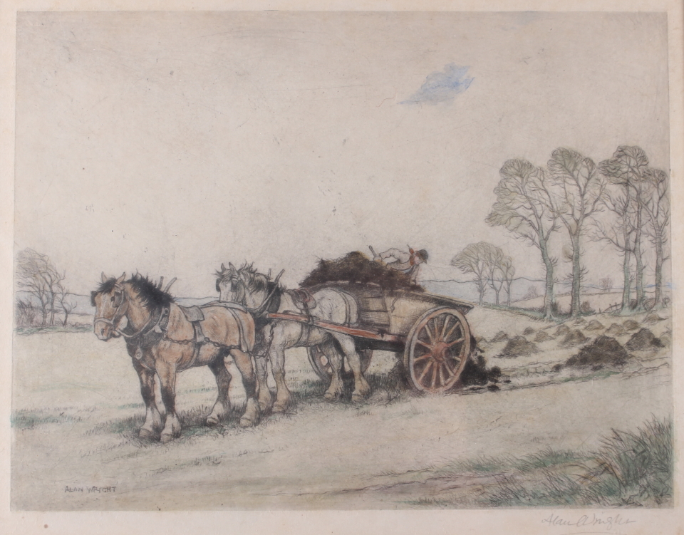 Alan Wright: a hand-coloured etching, work horses and farmer in field, 9" x 11", in painted strip