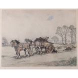Alan Wright: a hand-coloured etching, work horses and farmer in field, 9" x 11", in painted strip