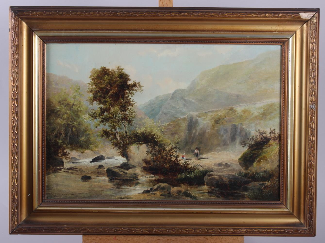 G Shaw, '88: oil on canvas, Continental landscape with waterfall, 11 3/4" x 17 1/2", in gilt frame