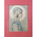 After Helen Margetson: a 19th century colour print on silk, "Ecce Ancilla Domini", in brass frame