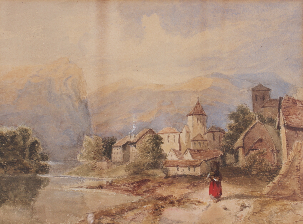 A 19th century watercolour, Continental landscape with figure, buildings and distant mountains,