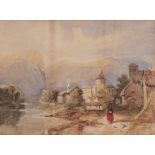 A 19th century watercolour, Continental landscape with figure, buildings and distant mountains,