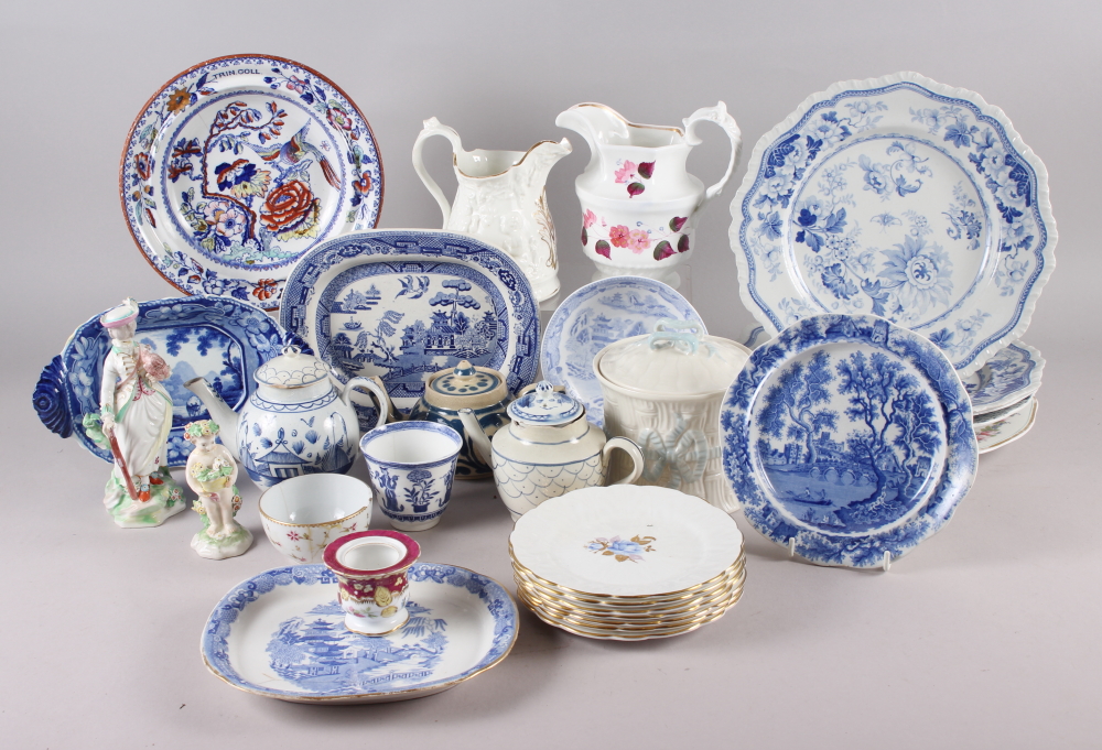 Two 18th century Derby porcelain figures (damages), three early blue and white teapots, and other