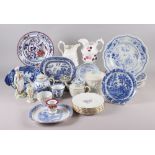 Two 18th century Derby porcelain figures (damages), three early blue and white teapots, and other