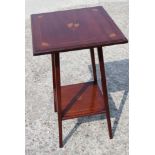 An Edwardian walnut and inlaid square top two-tier occasional table, on splay supports, 14" wide x