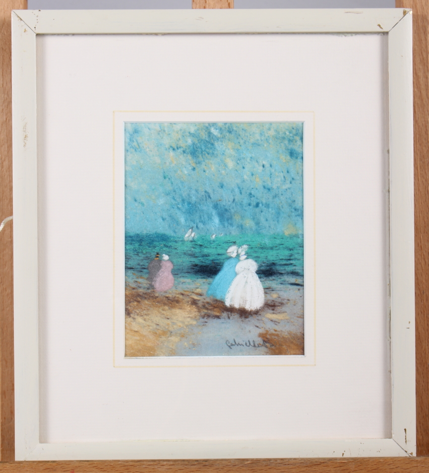 Gabrielle Bellocq: pastels, "Promenade de Famille", 6" x 4 1/2", in white strip frame - Image 2 of 4