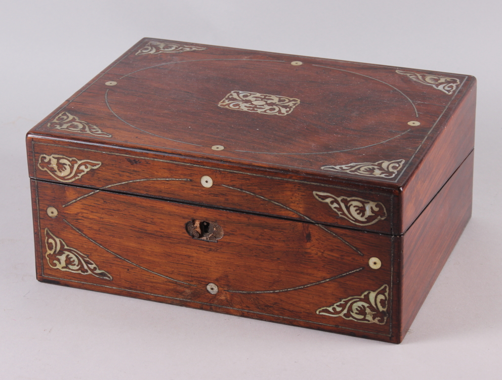 A 19th century rosewood writing box, decorated pierced mother of pearl spandrels, 12" wide