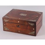 A 19th century rosewood writing box, decorated pierced mother of pearl spandrels, 12" wide