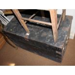 A black painted pine trunk with lid inscribed "Miss P G Melitus", 39" wide