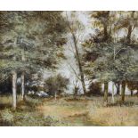 Gerald Hughes '80: oil on panel, "Woodland near Marlow", 5 1/2" x 6 1/2", in gilt strip frame