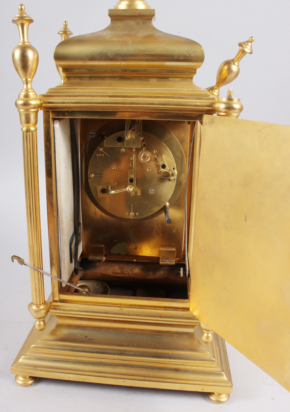 A gilt metal Continental mantel clock with hand-painted porcelain panel, 15 1/4" high (for - Image 4 of 5