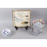 A Japanese dish, 9 1/2" square, ten Imari shaped dishes (some repaired) and five other dishes