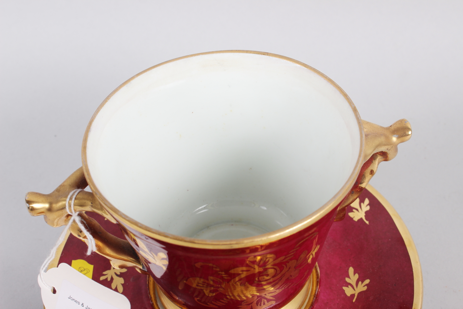 A Limoges two handle cabinet cup, saucer and cover with gilt decoration and crimson ground, 7" high - Image 2 of 4