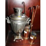 Three copper and brass grain measures and a Russian chromed metal samovar with ebonised handles