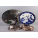 Two oval gallery trays, a similar with ceramic base and other trays
