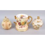 A Royal Worcester blush ivory pot and cover with ring handles, 6" high, a similar pot pourri vase