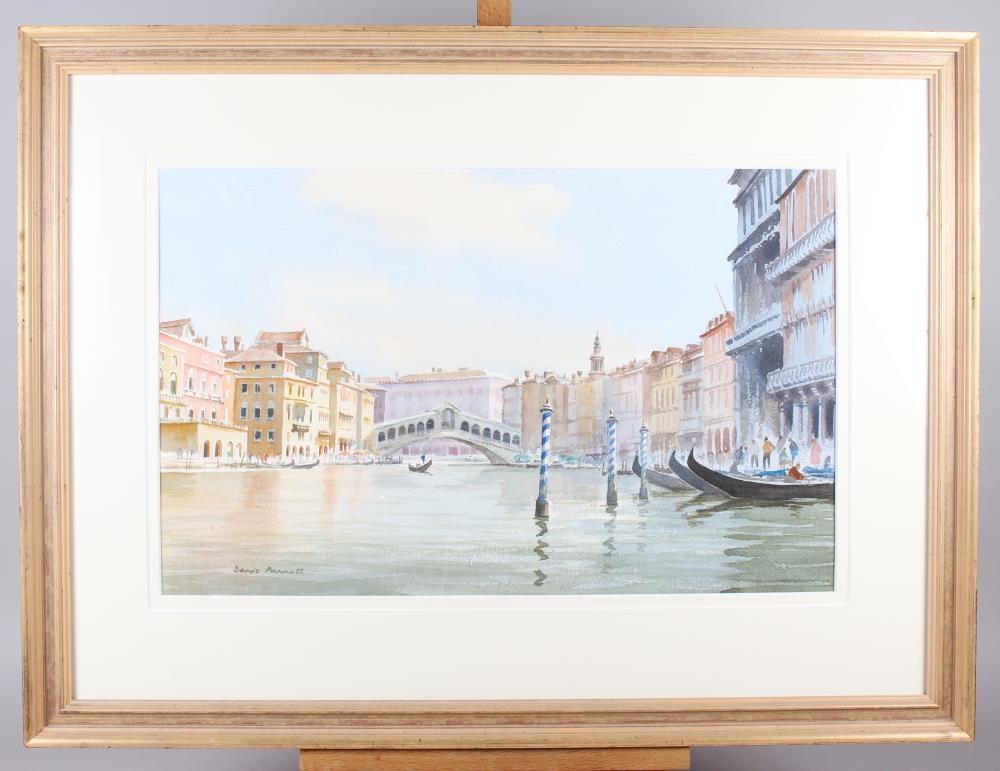 Denis Pannett: watercolours, "Towards the Rialto, Venice", 13 1/4" x 21 1/4", in strip frame - Image 2 of 3