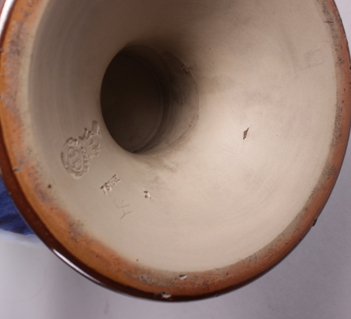 A pair of Royal Doulton blue glazed vases with flared tops and ovoid bodies, tub lined decoration of - Image 5 of 5