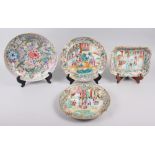 A Chinese millefiori dish, decorated dragons with seal mark to base, 11" dia, two Cantonese