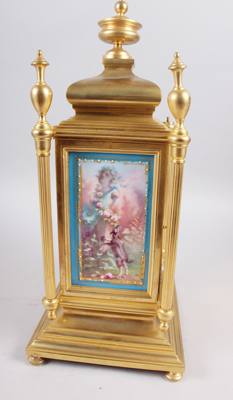 A gilt metal Continental mantel clock with hand-painted porcelain panel, 15 1/4" high (for - Image 5 of 5