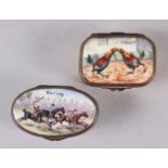 A 19th century Staffordshire enamel pill box, decorated racing scene (damages) and another