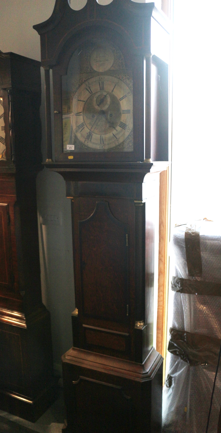 An oak and mahogany inlaid long case clock by J A Brookes of Bromsgrove with broken swan neck