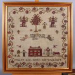 An early 19th century sampler, cottage, figures and animals, by Mary Ann Smith 1834, 15" x 15", in