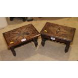 Two 19th century carved low oak stools, on turned and stretchered supports, 12" wide x 8" deep x 7