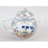 An 18th century Chinese teapot, decorated panels with figures and goats, 6 1/4" high (damages)