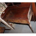 A mahogany tray top washstand, fitted two drawers, on shaped supports, 33" wide x 18 1/2" deep x 33"