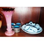 Five pieces of Sowerby pressed glass, a pair of salts and a pink coloured glass vase with floral