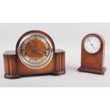 An Art Deco oak cased mantel clock, 9" high, and an Edwardian mahogany cased mantel clock with