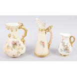 Three Royal Worcester blush ivory jugs, decorated floral sprays, largest 8 1/4" high