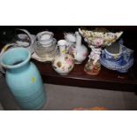 A 19th century blue and white hot water dish (restored), a turquoise glazed vase, a pair of