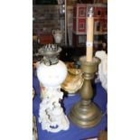 A brass table lamp, 26" high, a white glazed oil lamp, 20" high, a glass drop chandelier and other