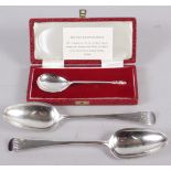 A pair of Georgian silver tablespoons, 4.9oz troy approx and a silver "owl knopped" spoon of 16th