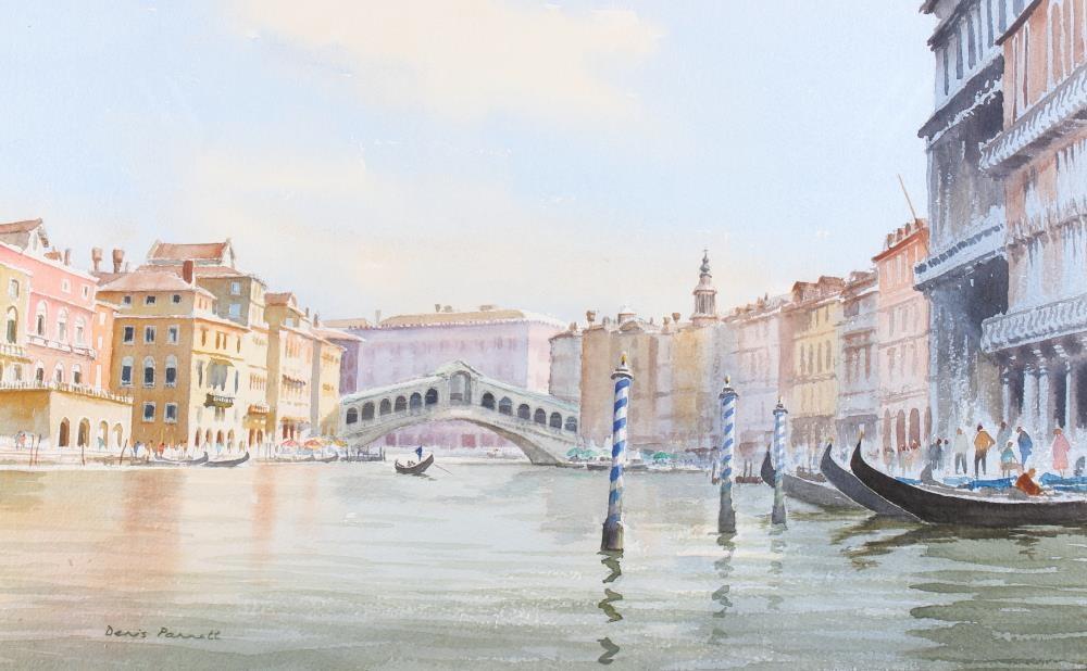 Denis Pannett: watercolours, "Towards the Rialto, Venice", 13 1/4" x 21 1/4", in strip frame