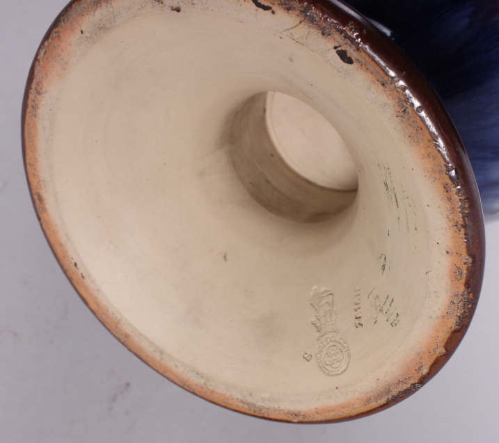 A pair of Royal Doulton blue glazed vases with flared tops and ovoid bodies, tub lined decoration of - Image 4 of 5