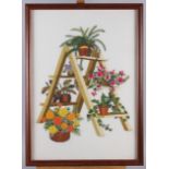 A mid 20th century embroidery, flowers on a stand, a needlepoint panel landscape with trees, and two