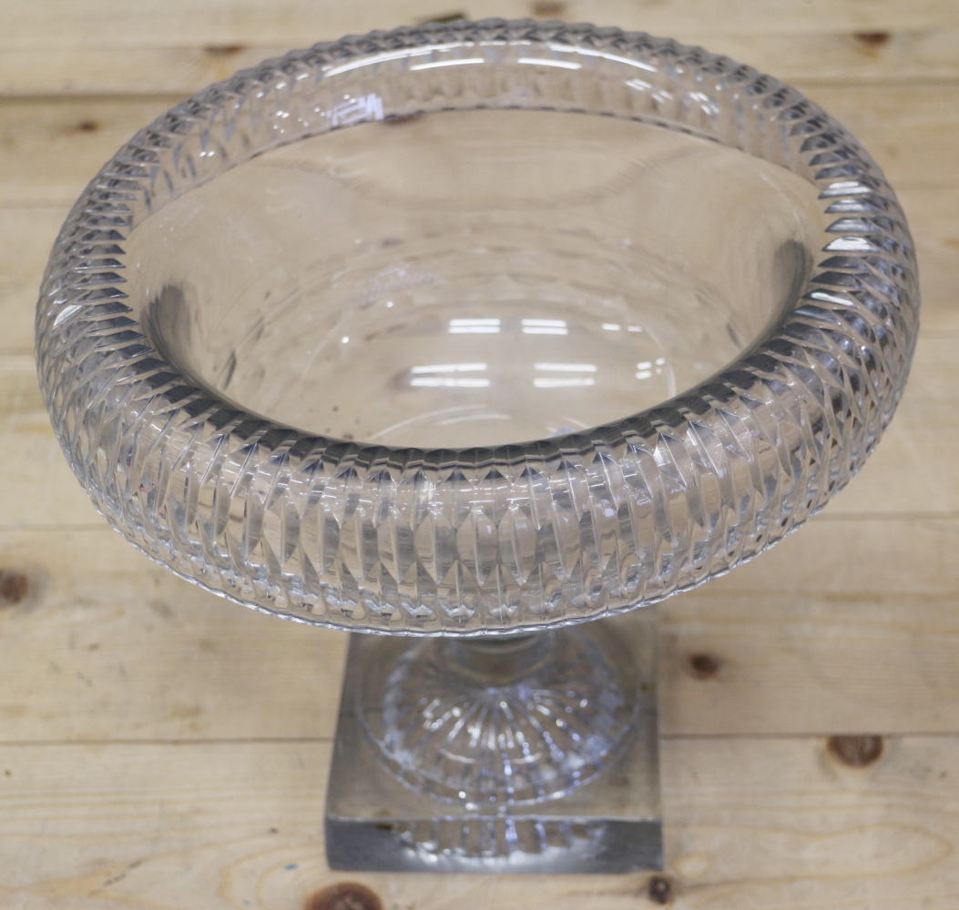 An early 19th century Anglo-Irish cut glass circular bowl with inverted rim, on square base, 10 1/2"