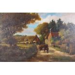 A 19th century oil on canvas, rural scene with hay cart and horse, 22 1/2" x 34 1/2", in gilt frame