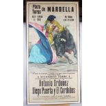 A 1960s original Spanish bull fighting poster, "Antonio Ordonez Diego Puerta y el Cordobes", in