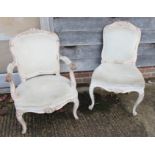 A Louis XVI design carved white painted side open armchair with padded seat and back, on cabriole